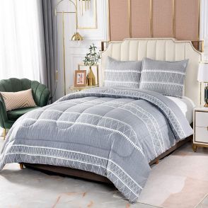 Shatex 2 Pieces Bedding Comforter Sets Stripes Pattern Printed Grey Comforter Set Twin Size with 1 Pillow Sham